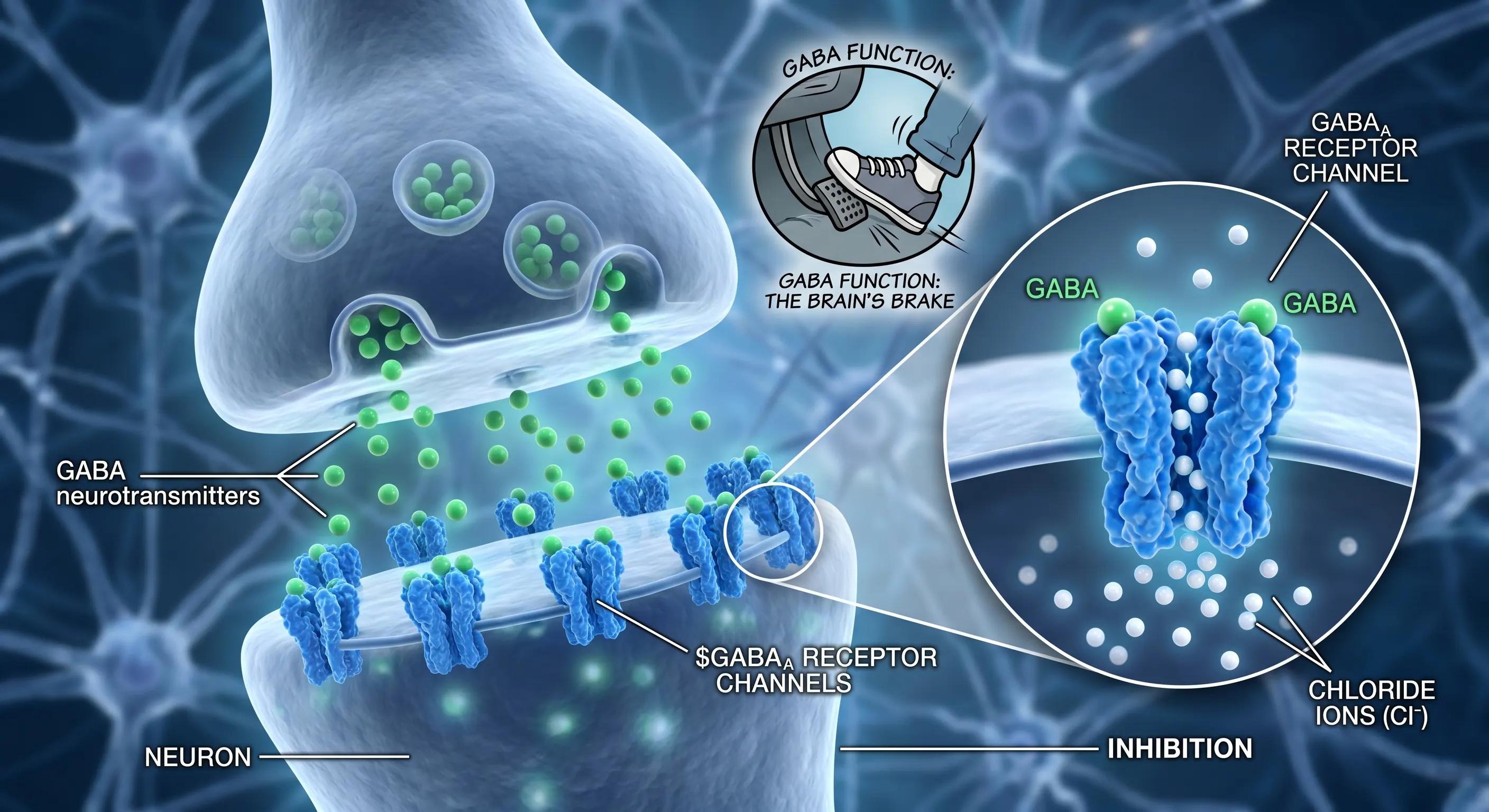 Explanatory diagram shows GABA opening GABAA channels for chloride ions, inhibiting neuron firing and reducing anxiety. A clear visual.