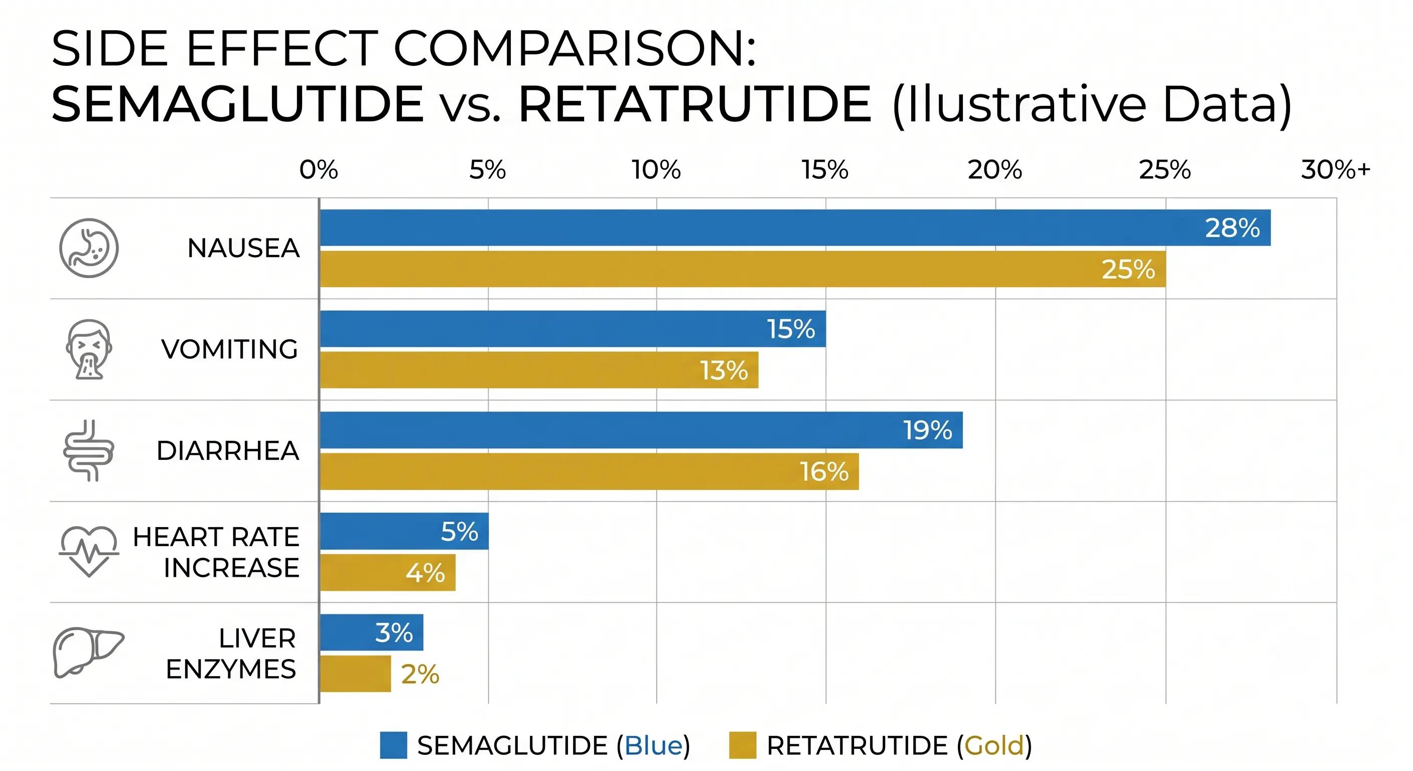 Comparison table of side effect profiles for retatrutide versus semaglutide