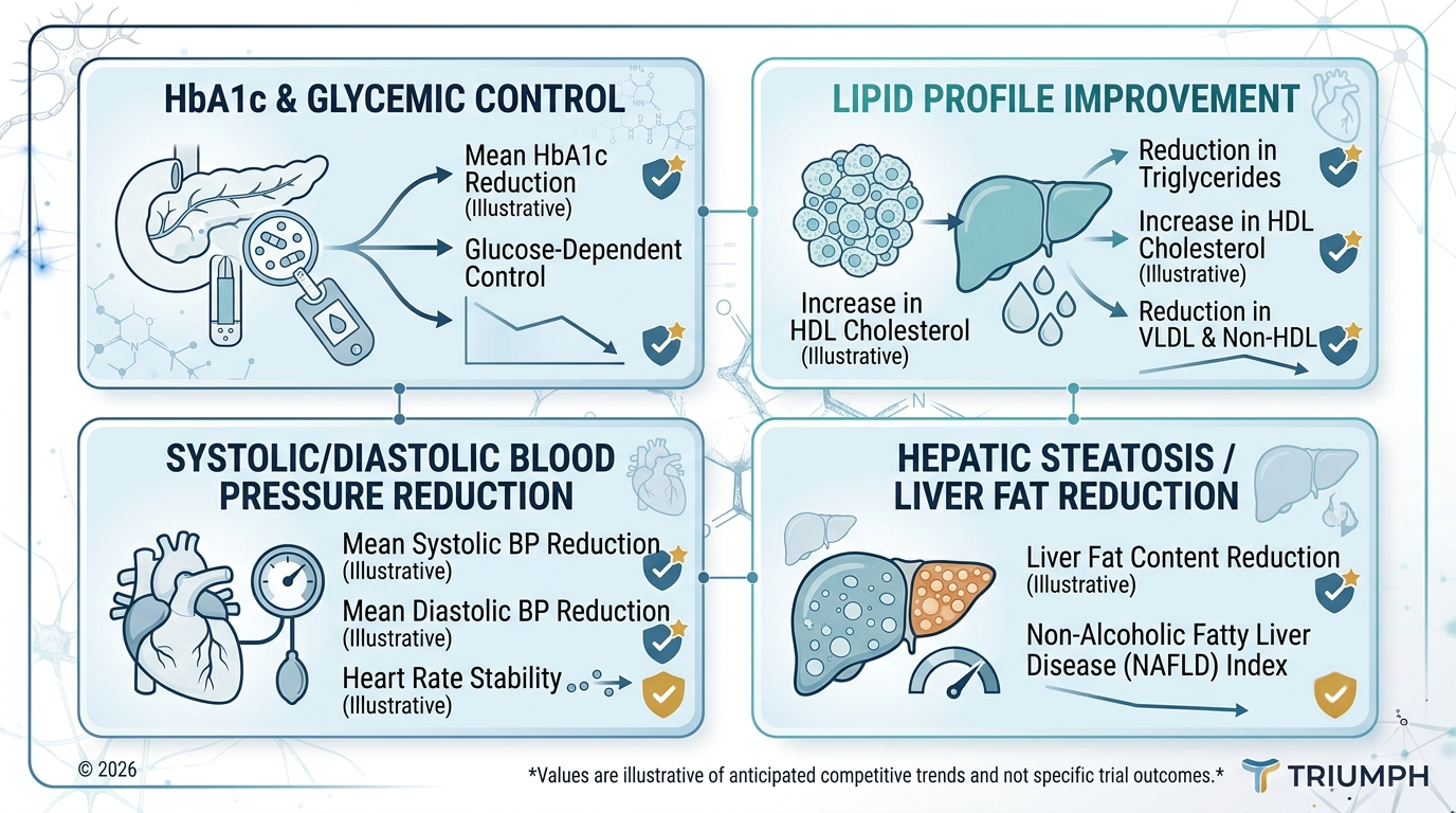 4-panel infographic summarizing retatrutide Phase 2 improvements in HbA1c, lipids, blood pressure