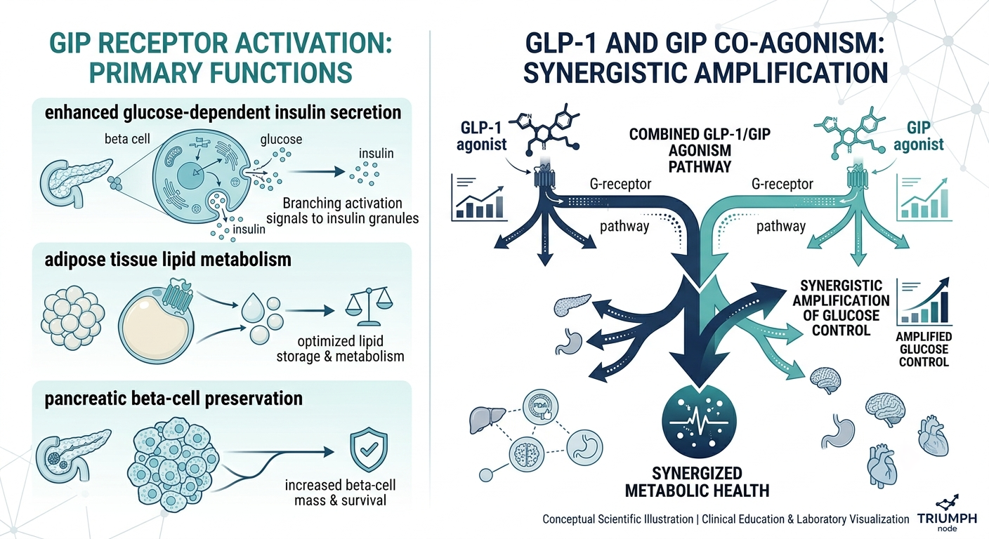 Visualization of GIP receptor roles in insulin enhancement, lipid metabolism, beta-cell preservation, and synergistic action with GLP-1