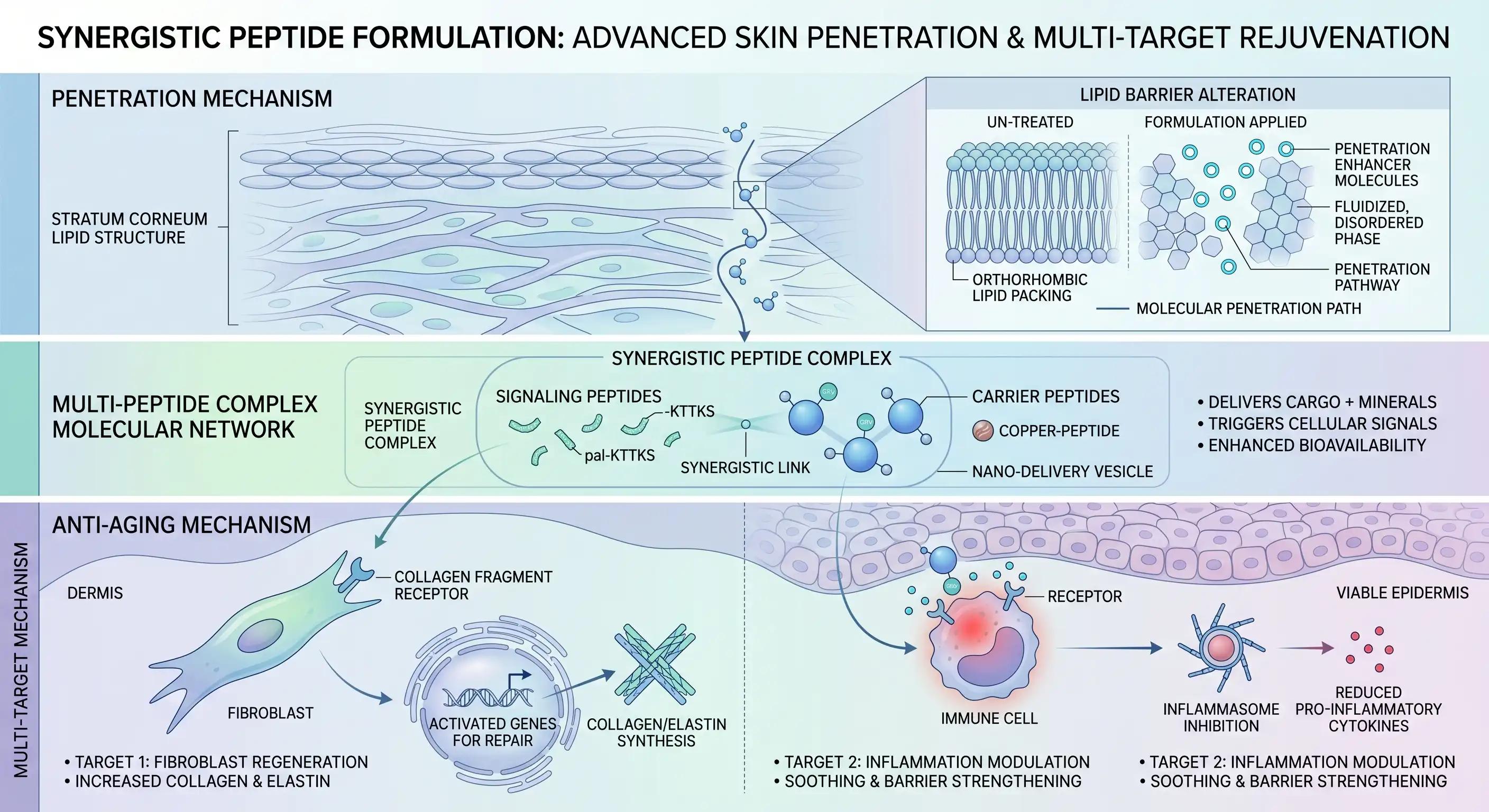 A multi-layered illustration showing skin penetration enhancers and the molecular pathways of a synergistic peptide complex in the dermis.