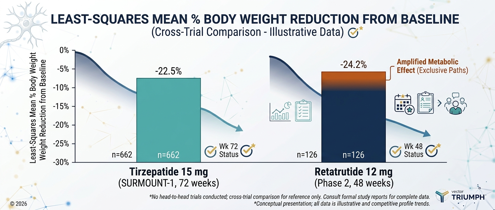 Comparative bar chart of mean body weight reduction for tirzepatide 15mg and retatrutide 12mg from separate clinical trials