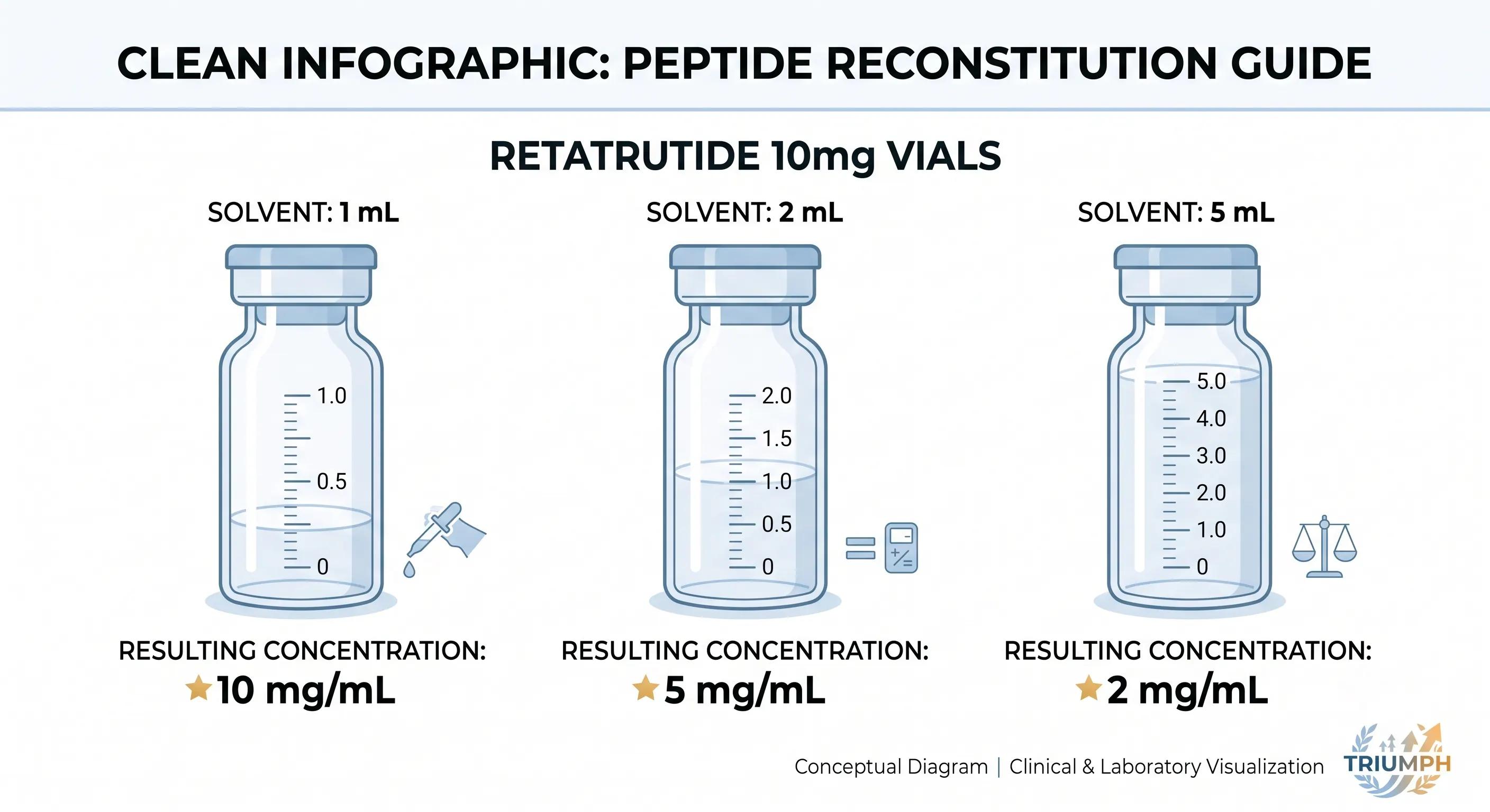 Reference table showing retatrutide vial reconstitution volumes and resulting concentrations