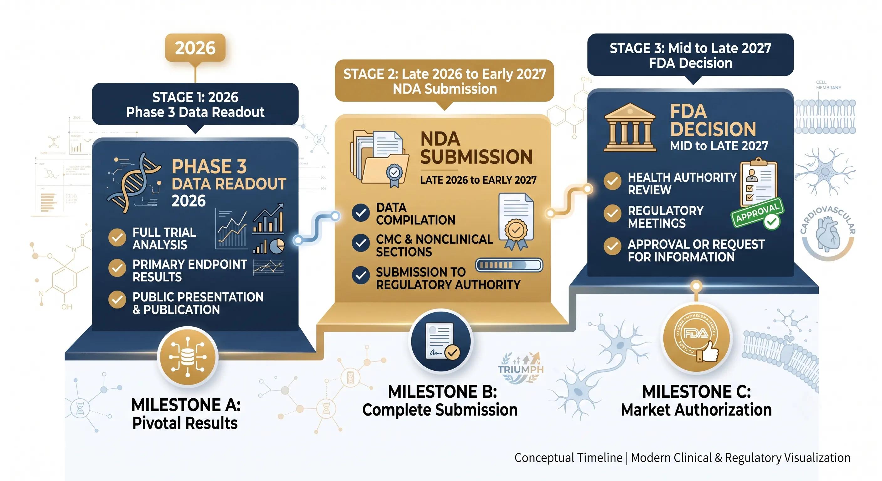 Projected FDA approval timeline for retatrutide with estimated dates for NDA submission and approval