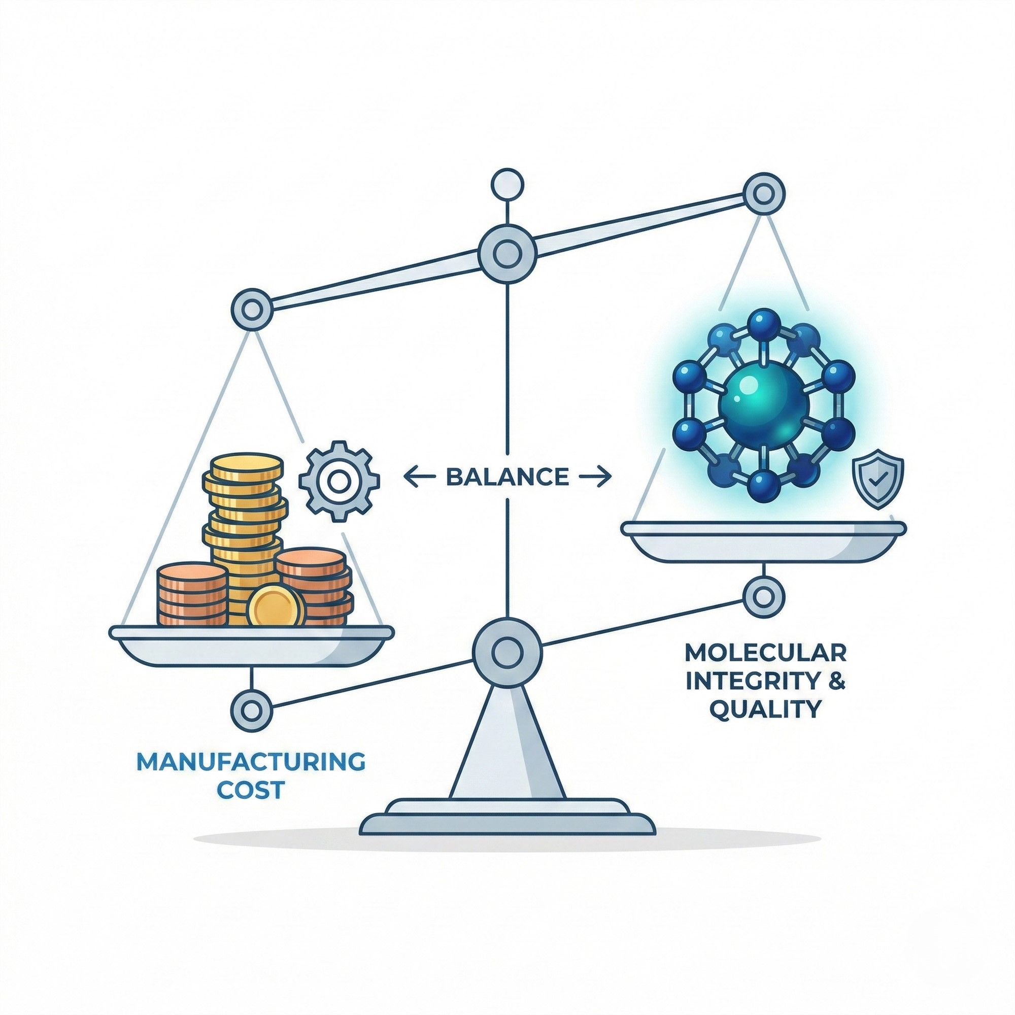 Conceptual illustration showing balance between manufacturing cost and molecular integrity, copper peptide quality versus cost