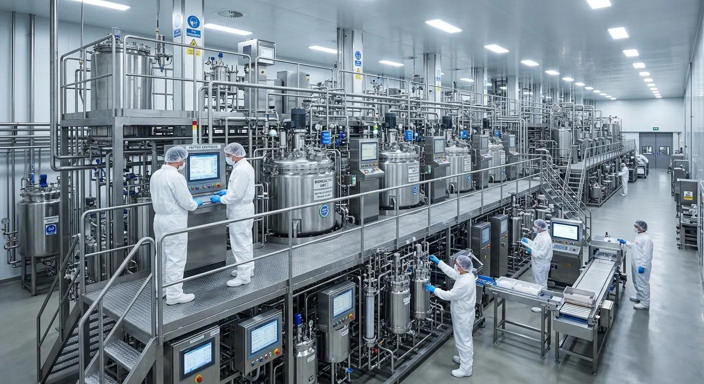 Large-scale GMP-certified peptide manufacturing facility with automated production systems.