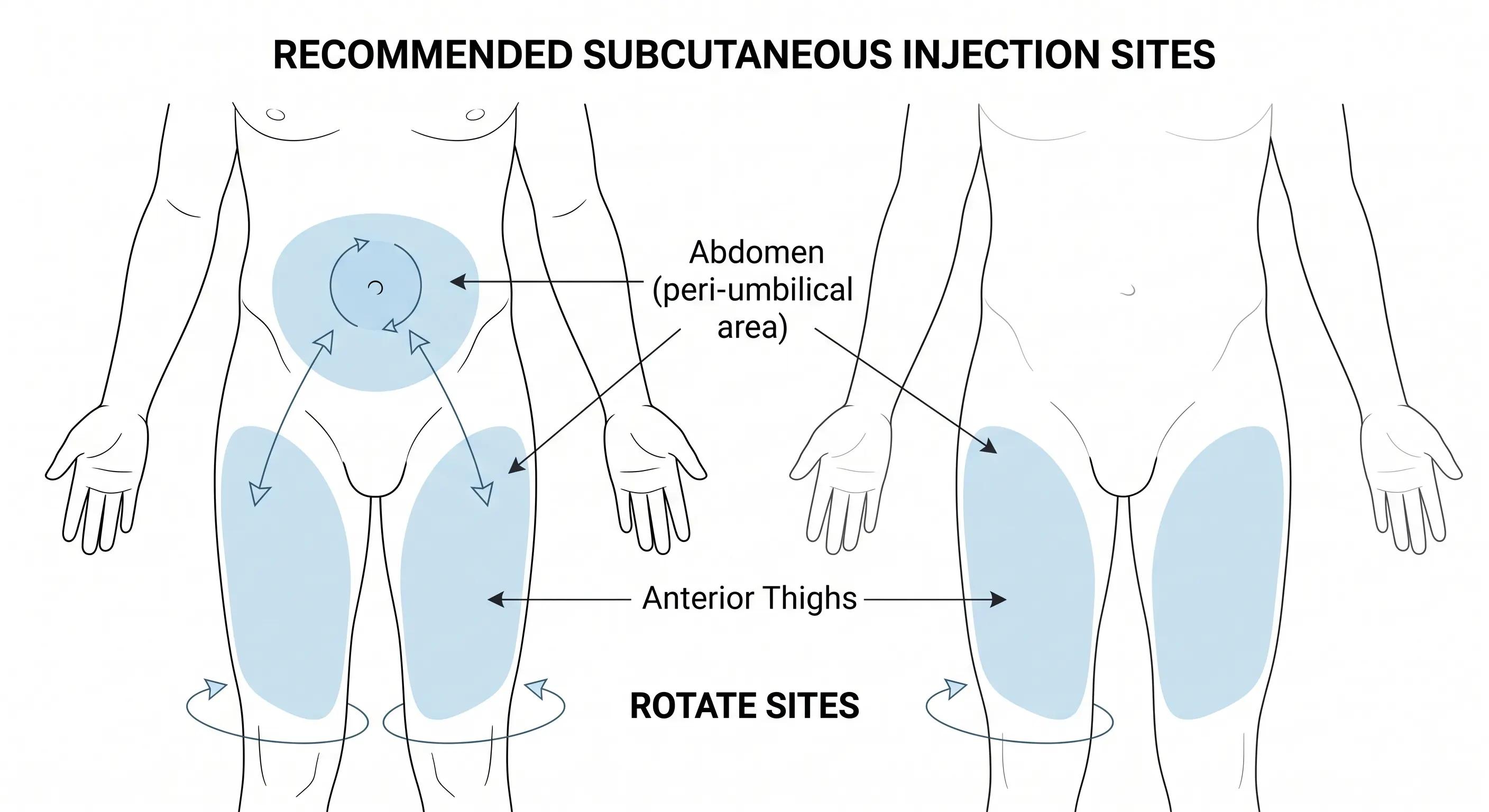 Human anatomy diagram highlighting the abdomen (peri-umbilical area) and anterior thighs.