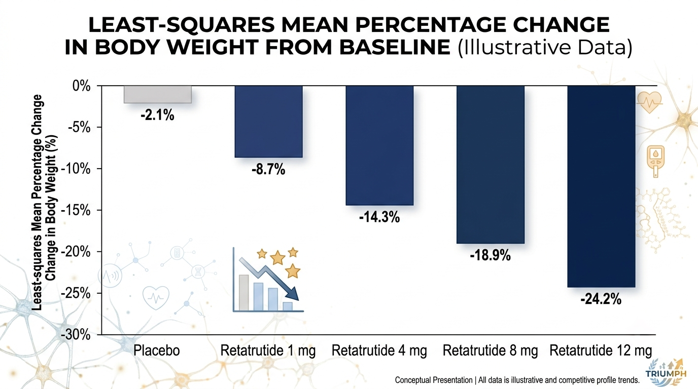 48-week dose-response bar chart showing mean body weight reduction for retatrutide 1mg-12mg versus placebo