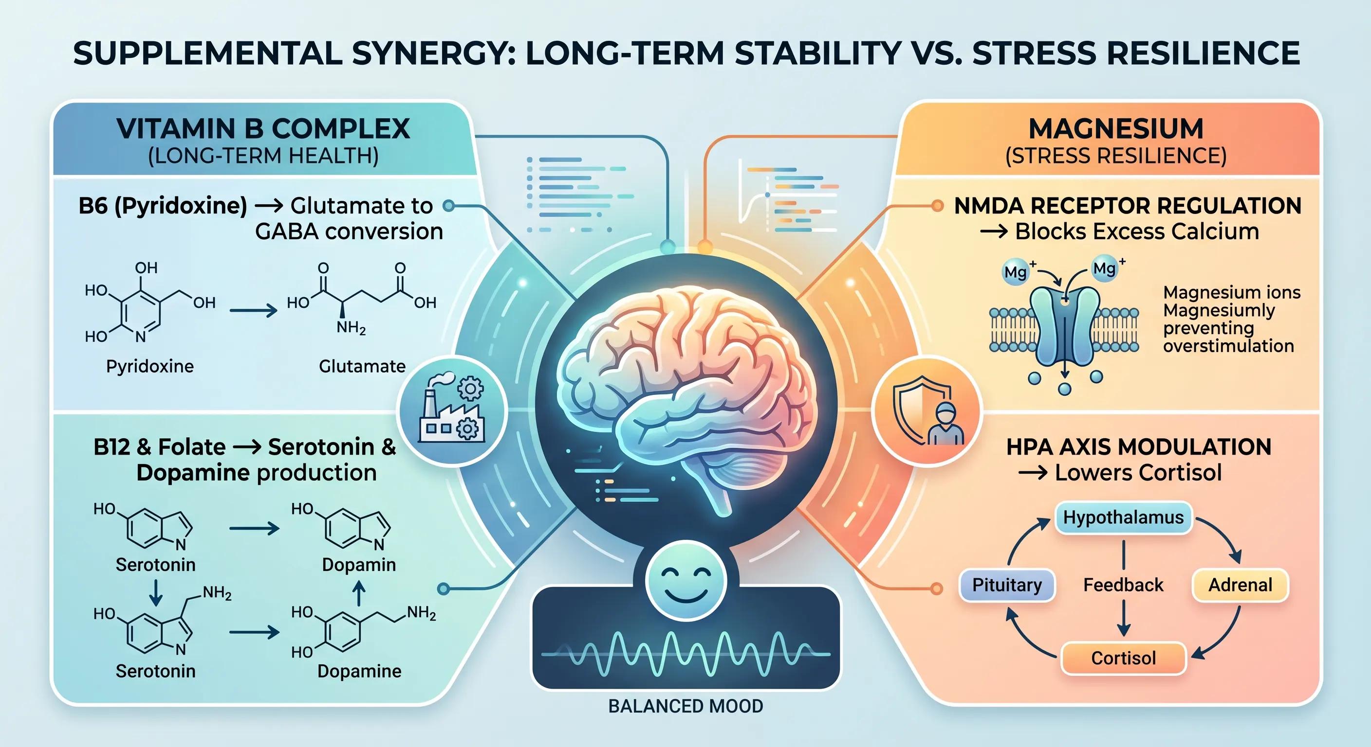 Infographic showing how Vitamin B complex builds calming neurotransmitters and Magnesium manages the physical stress response for optimal brain health.