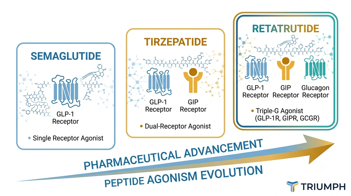 Diagram showing evolution from semaglutide single receptor to tirzepatide dual receptor to retatrutide triple receptor