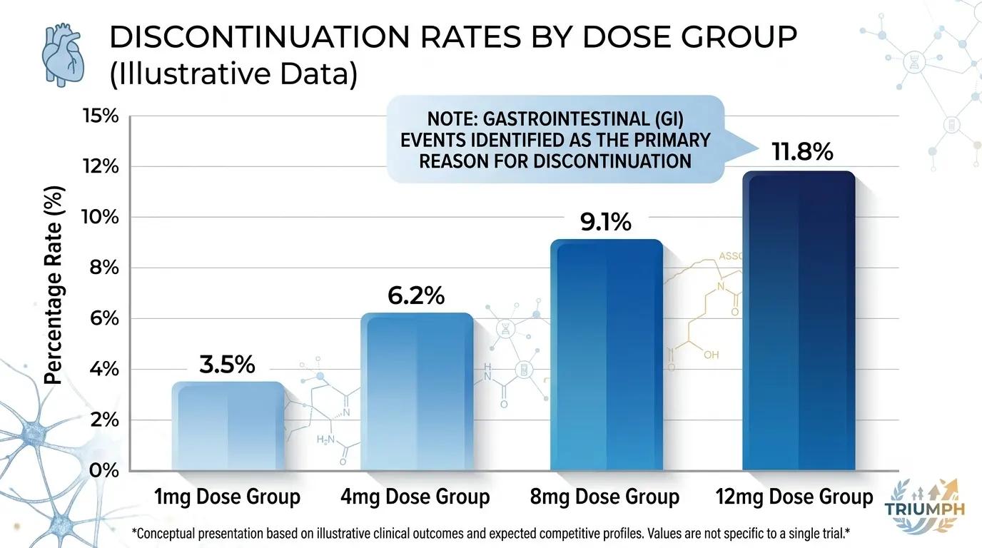 Bar chart showing retatrutide treatment discontinuation rates across dose groups due to adverse events