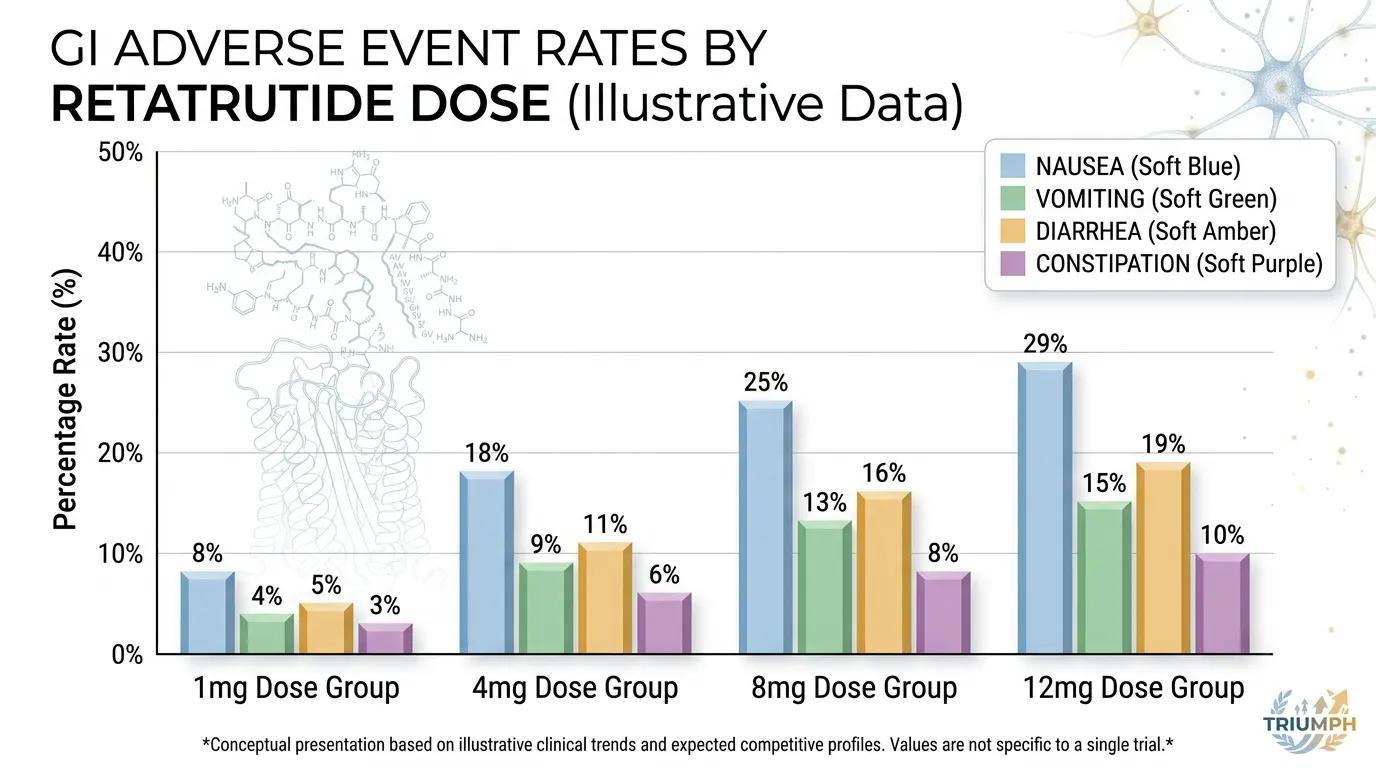 Bar chart showing gastrointestinal adverse event rates across retatrutide dose groups