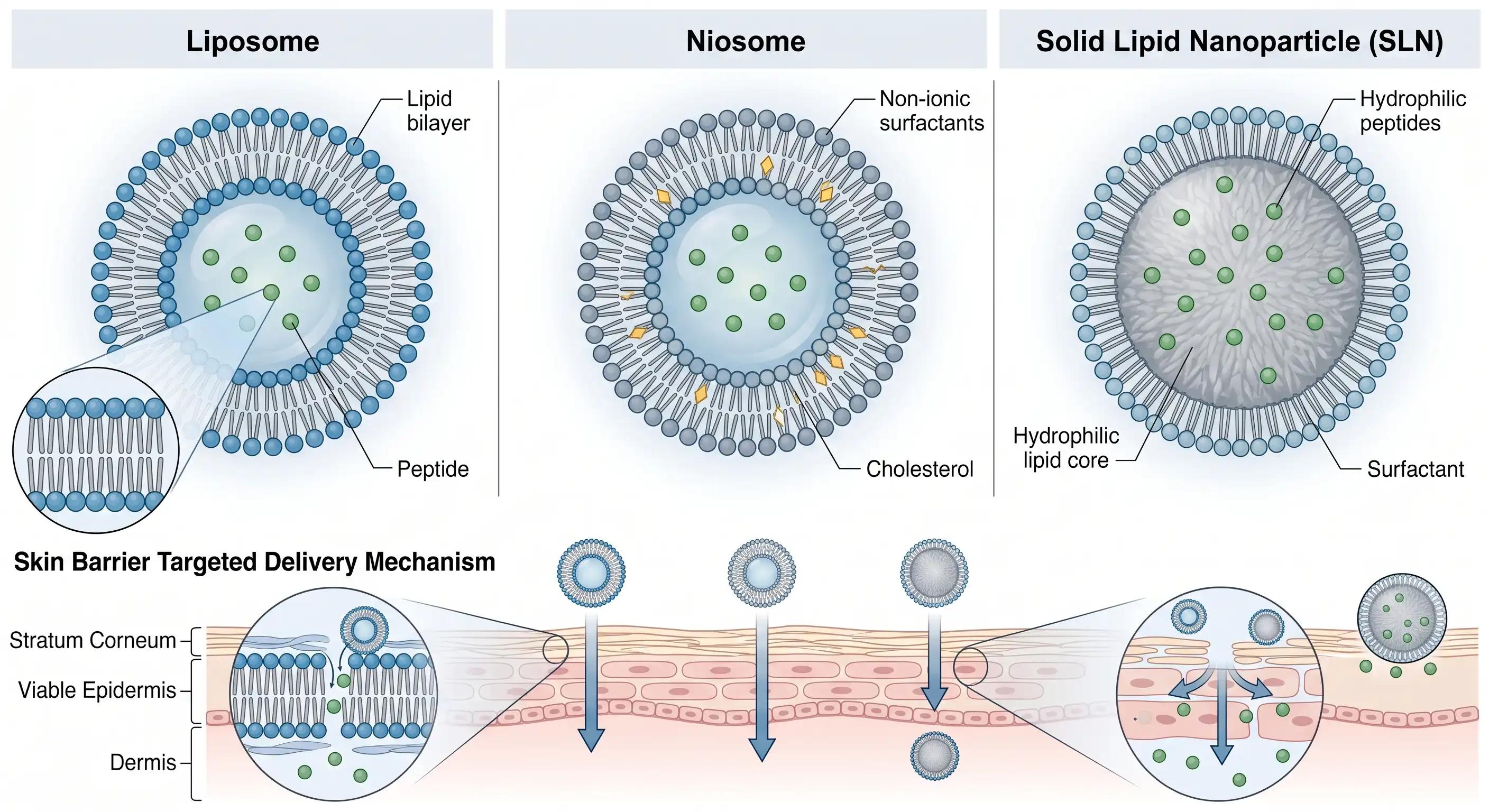 A scientific schematic comparing the cross-sectional structures of liposomes, niosomes, and solid lipid nanoparticles (SLNs) with a skin delivery diagram.