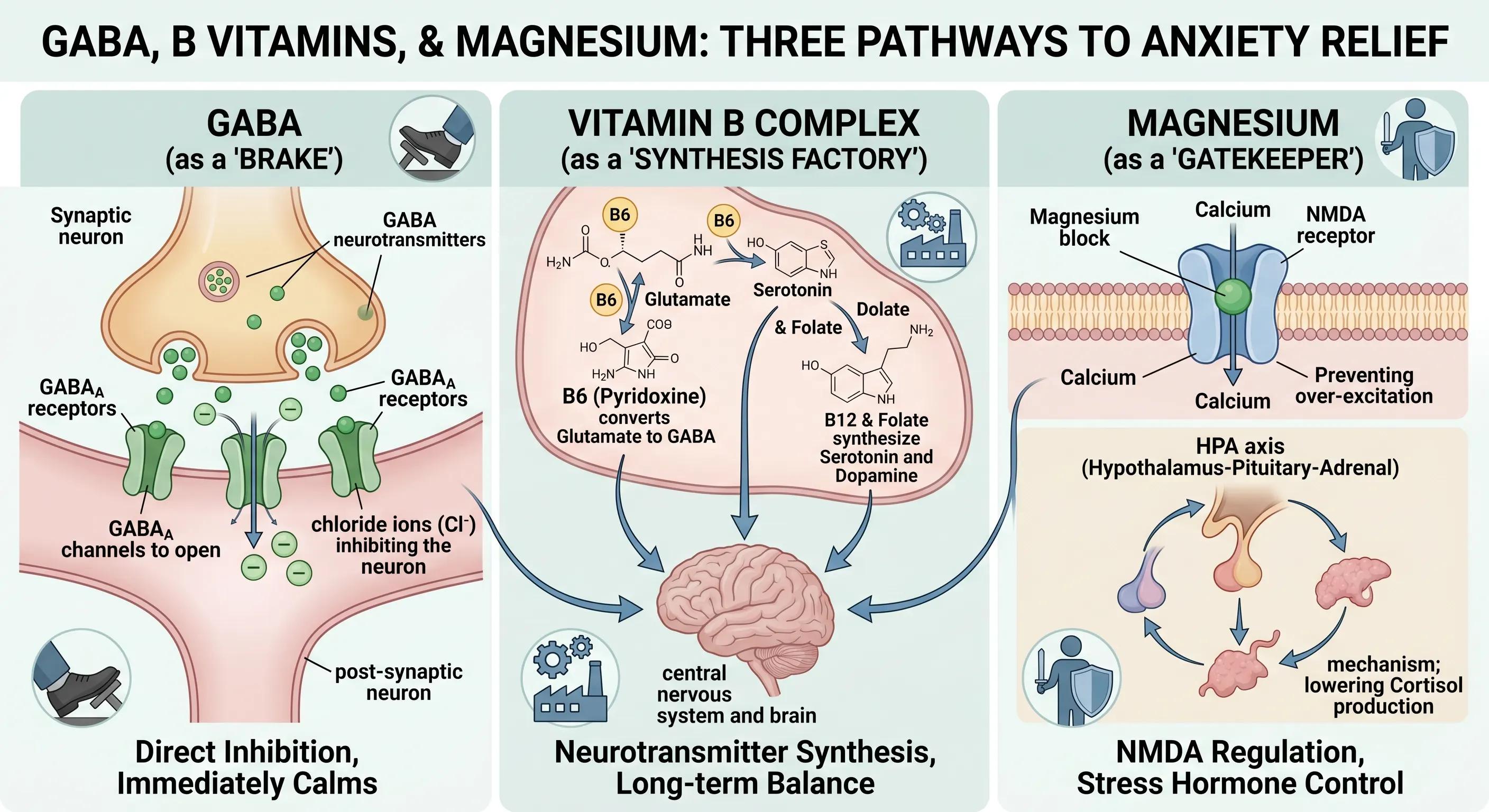 Visual guide comparing distinct anti-anxiety mechanisms of GABA, Vitamin B complex, and Magnesium. Ideal for understanding natural wellness.
