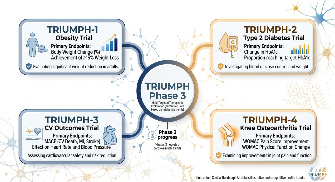 Overview diagram of retatrutide TRIUMPH Phase 3 clinical program four parallel trials