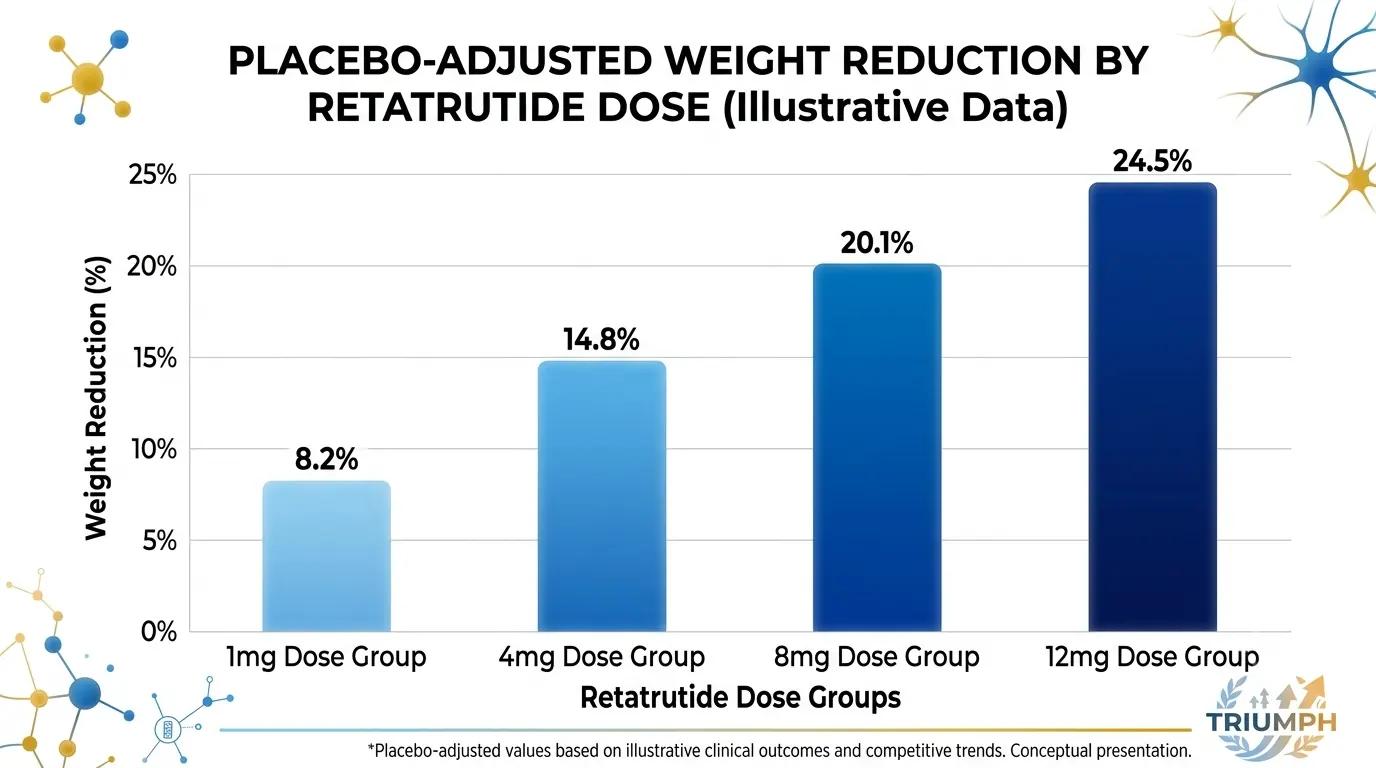 Bar chart showing dose-response relationship between retatrutide dose groups and weight reduction at 48 weeks