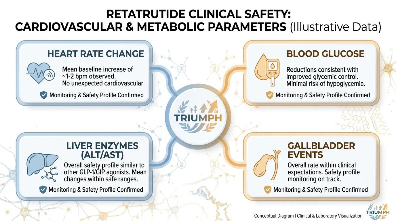 Diagram summarizing retatrutide cardiovascular and metabolic safety signals from Phase 2 trial