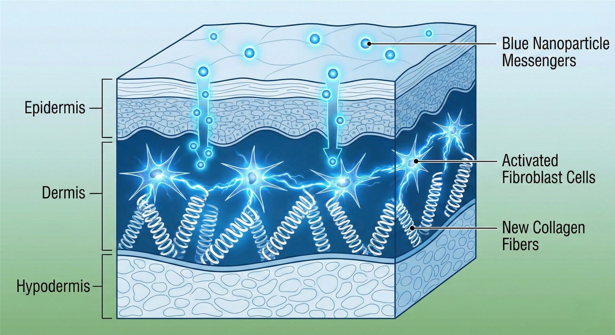 Schematic Diagram of Blue Copper Peptide Particles Penetrating the Epidermis and Acting on the Skin