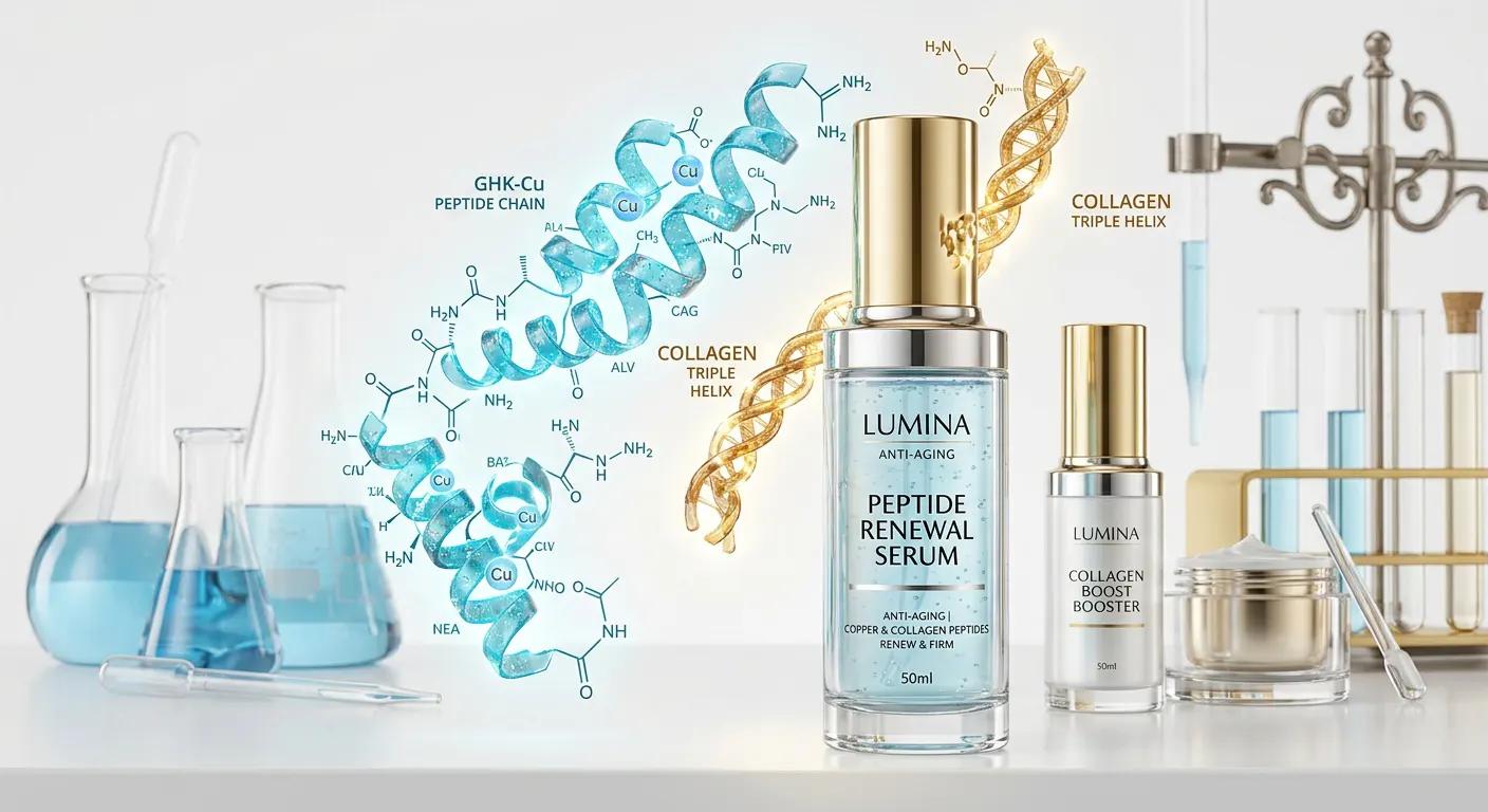 Luxury skincare products featuring collagen and copper peptides for anti-aging formulations.