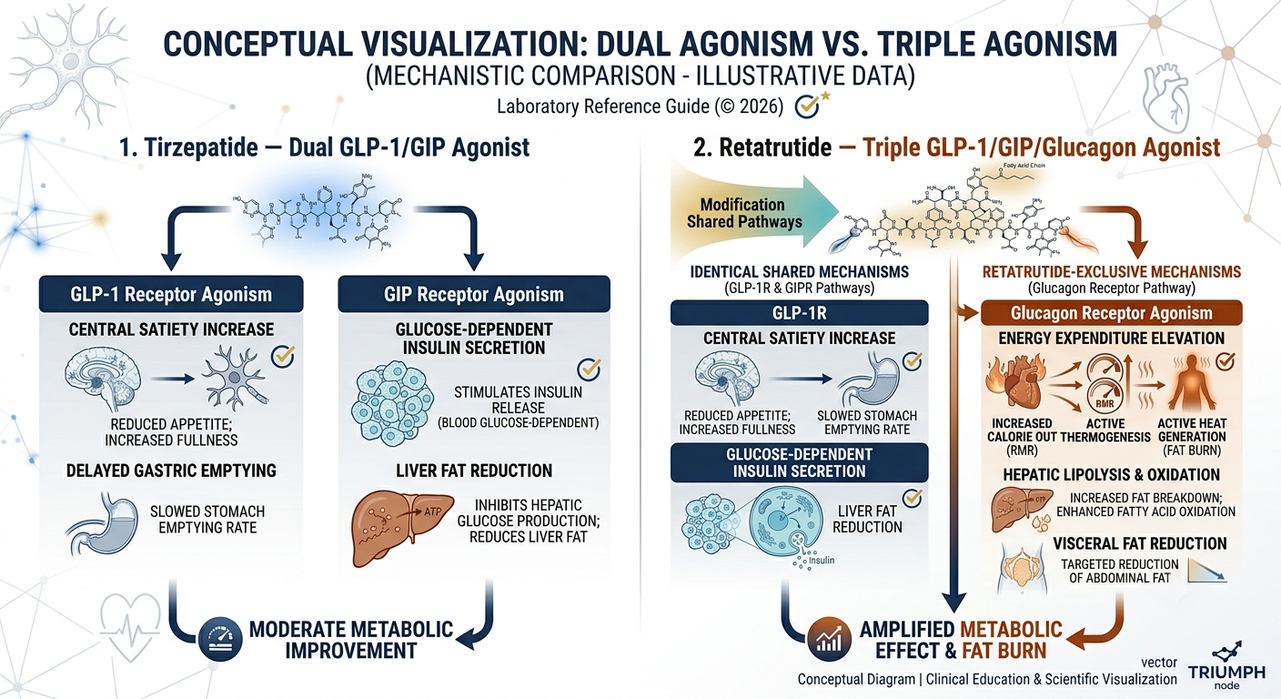 Side-by-side diagram of shared and unique receptor mechanisms for tirzepatide dual agonist vs retatrutide triple agonist
