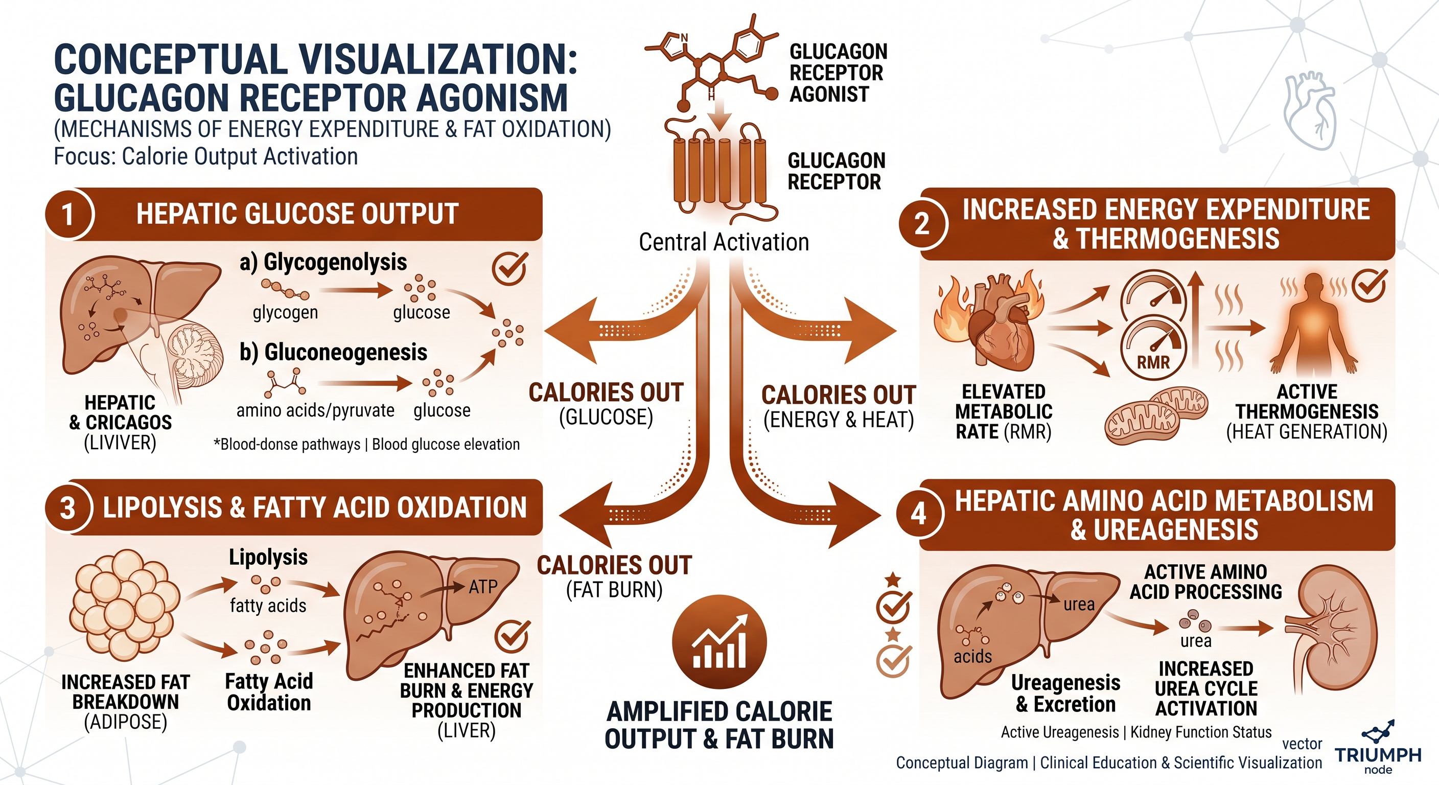  Infographic of glucagon receptor activation effects on hepatic glucose output, thermogenesis, lipolysis, fatty acid oxidation, and amino acid metabolism