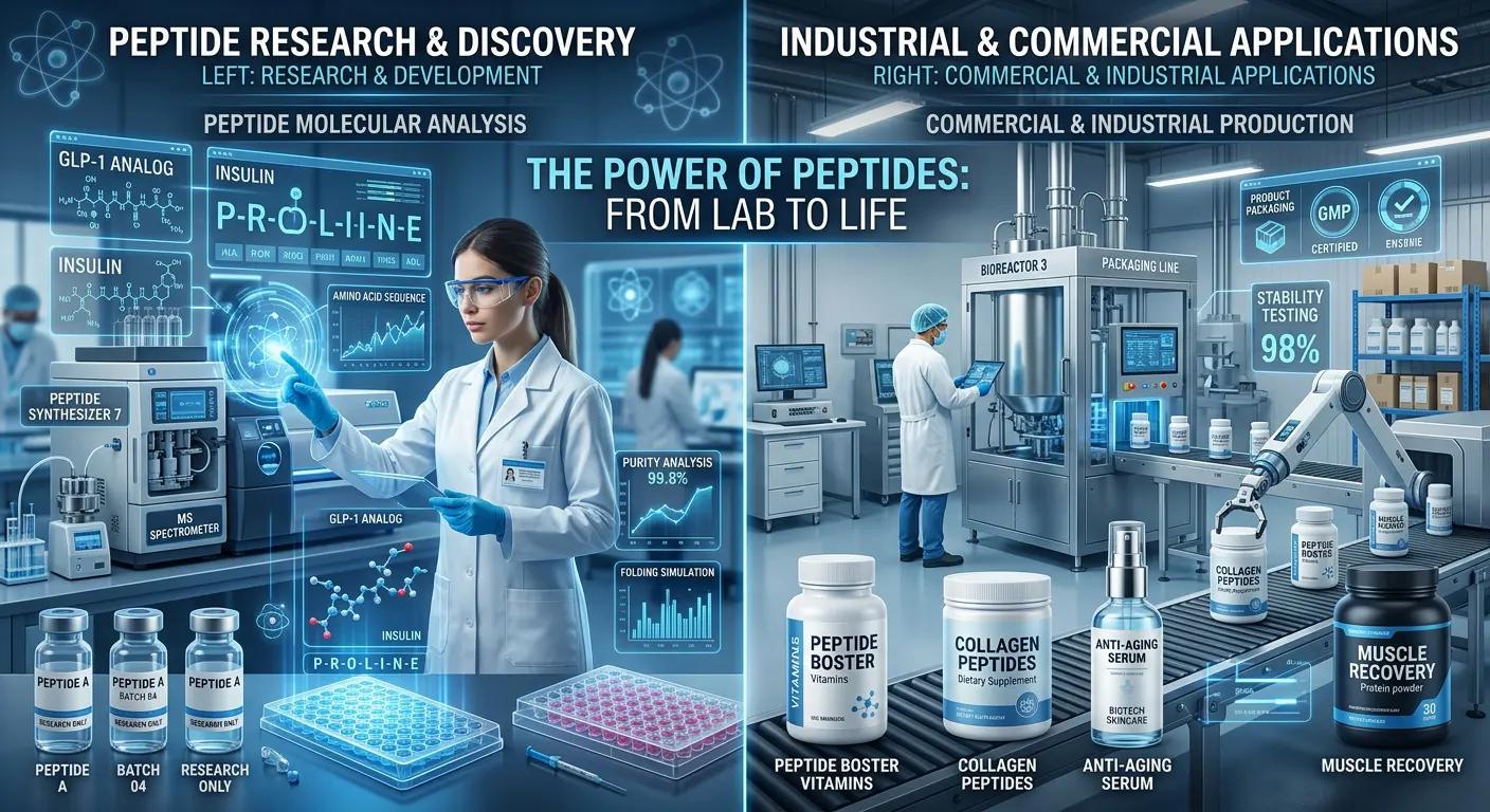 Comparison between laboratory-grade research peptides and commercial industrial peptide applications.