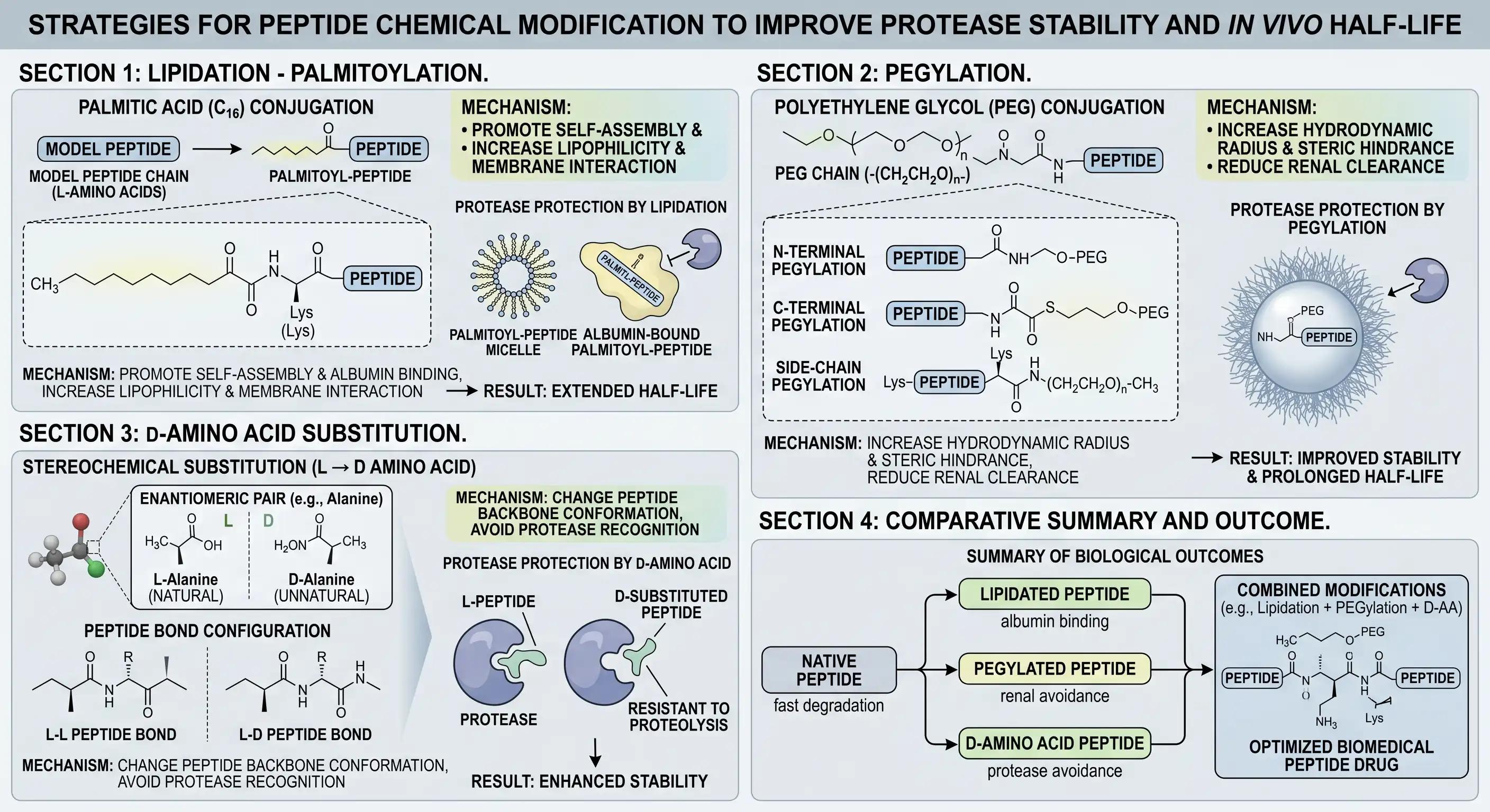A detailed biochemical diagram illustrating peptide modifications including palmitoylation, PEGylation, and D-amino acid substitution.