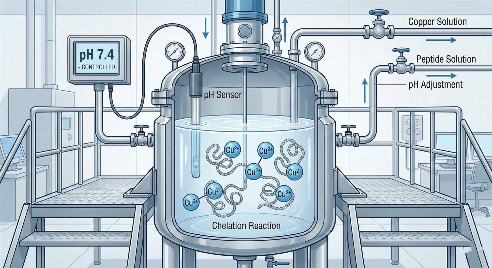 Industrial chelation process illustration, copper ion binding to peptide under controlled pH conditions
