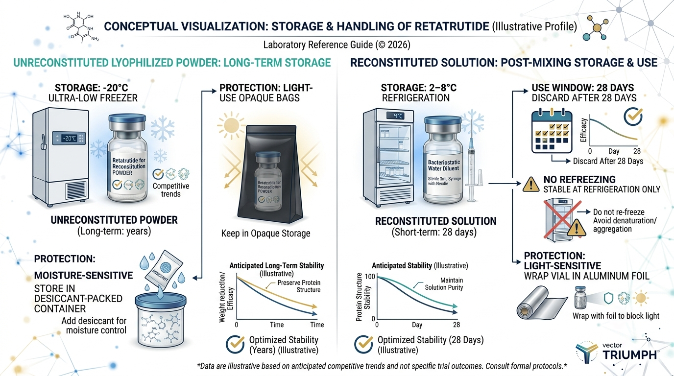 Infographic summarizing storage requirements for both unreconstituted powder and reconstituted retatrutide solution