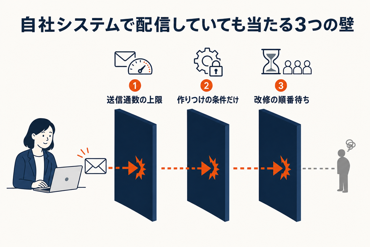 自社の基幹システムから配信していても、送信通数の上限・作りつけの配信条件・改修の順番待ちという3つの壁に阻まれ、狙った施策が届かない様子を示した図解