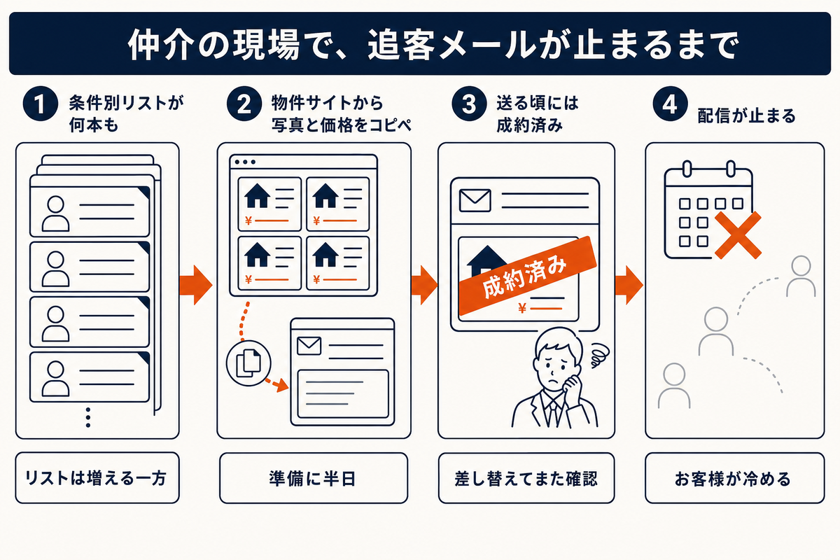 条件別リストを何本も抱え、物件サイトから写真と価格をコピペし、送る頃には成約済みになり、追客メールの配信が止まるまでの連鎖を示した図解