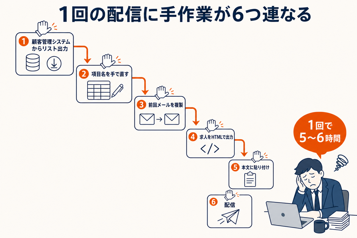 顧客管理システムからのリスト出力、項目名の手直し、前回メールの複製、求人のHTML出力、本文への貼り付け、配信という6つの手作業が連なり、1回の配信に5〜6時間かかる様子を示した図解