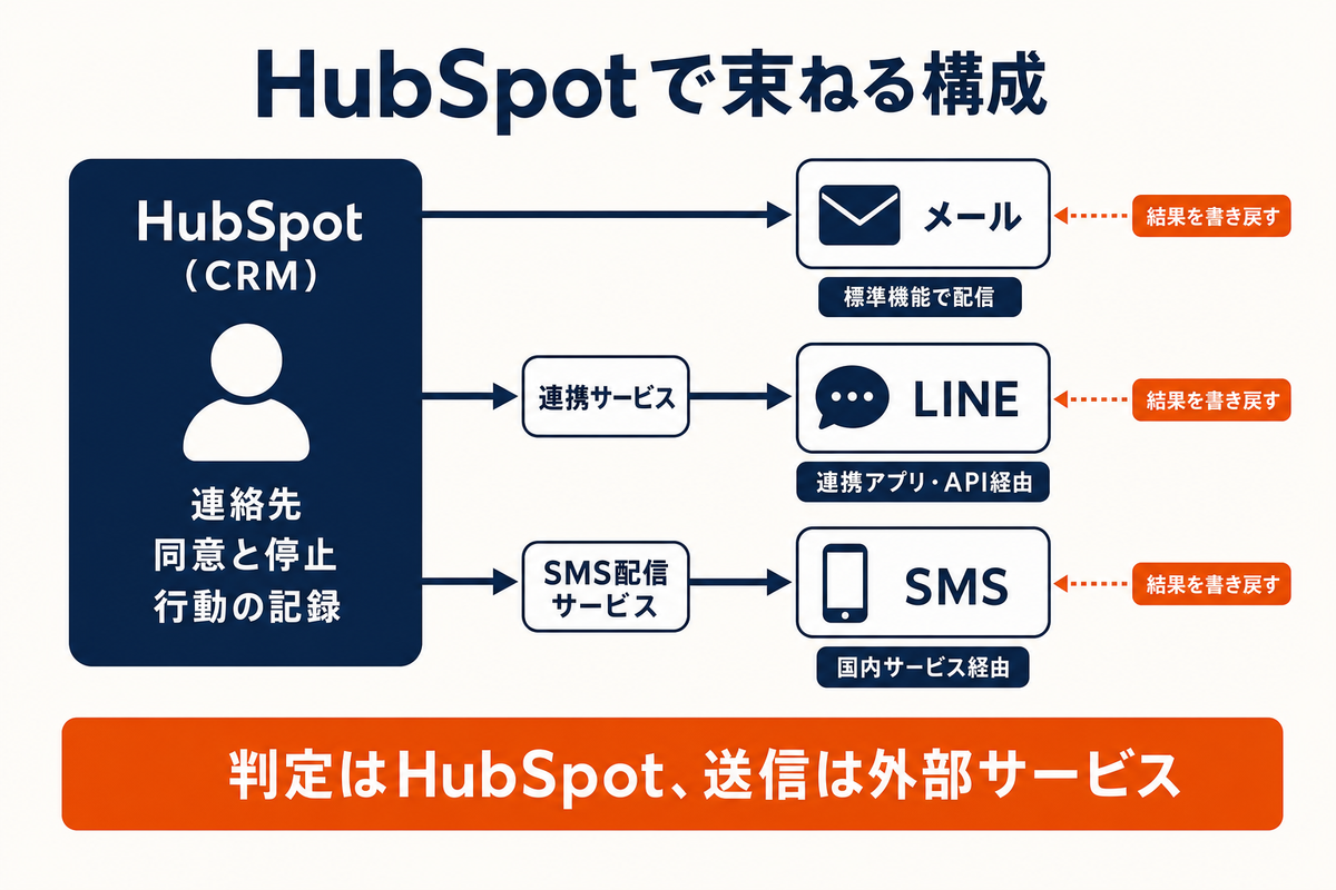 HubSpotのCRMを中心に、メールは標準機能で配信し、LINEは連携サービス経由、SMSは国内のSMS配信サービス経由で送り、結果をHubSpotに書き戻す構成を示した図解
