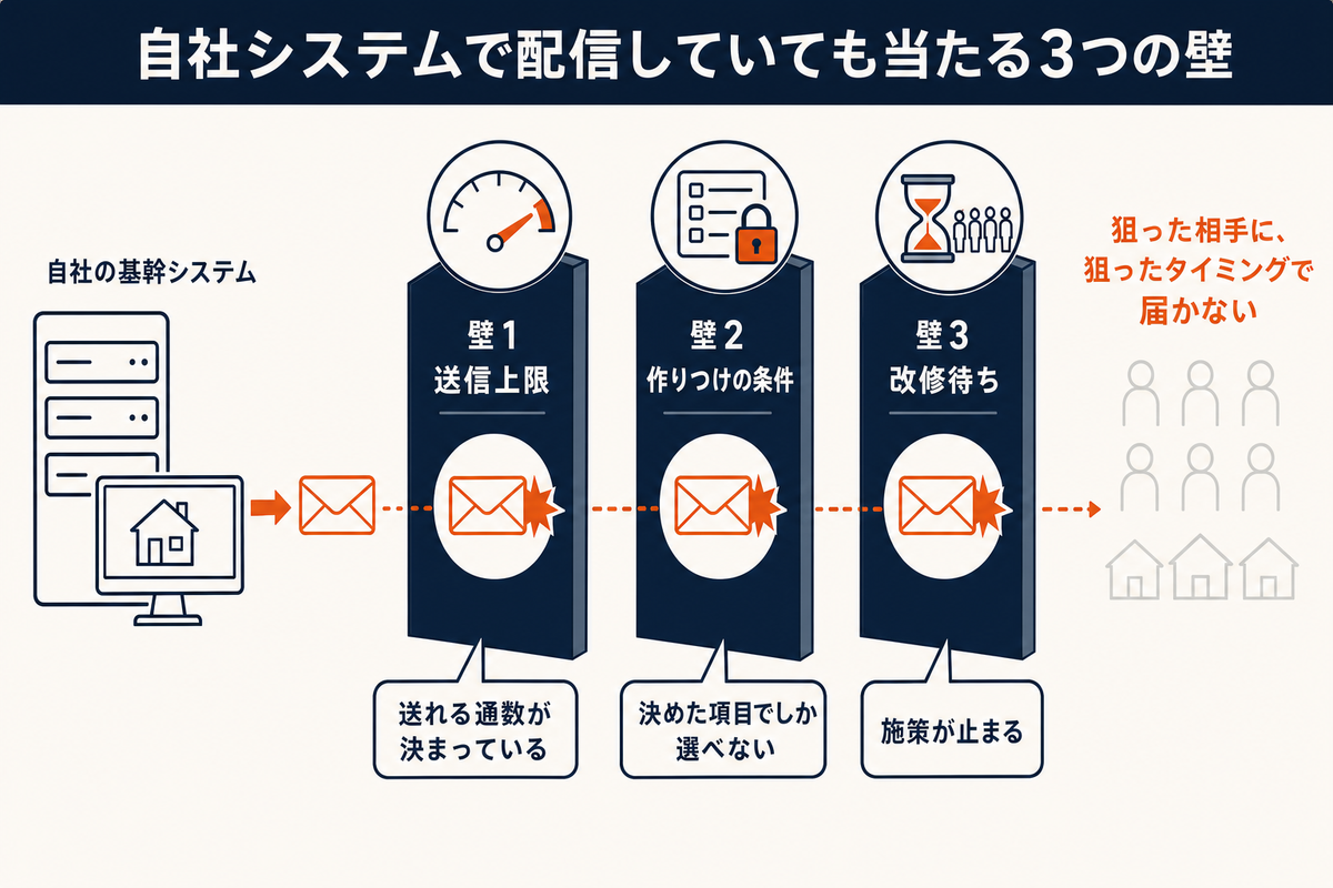 自社の基幹システムから物件メールを配信していても、送信上限・作りつけの配信条件・改修待ちという3つの壁で、狙った相手に狙ったタイミングで届かないことを示した図解