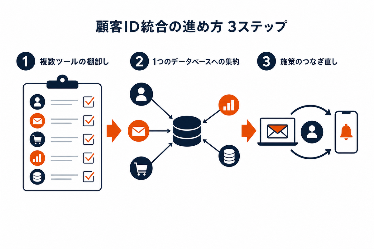 顧客ID統合の進め方3ステップ。1複数ツールの棚卸し、2ひとつのデータベースへの集約、3施策のつなぎ直し