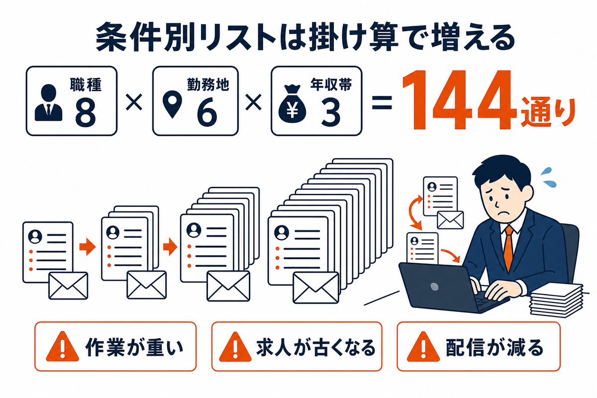 職種とエリアと年収帯の組み合わせで条件別リストと本文の作り分けが掛け算で増え、手作業の配信が行き詰まる様子を示した図解