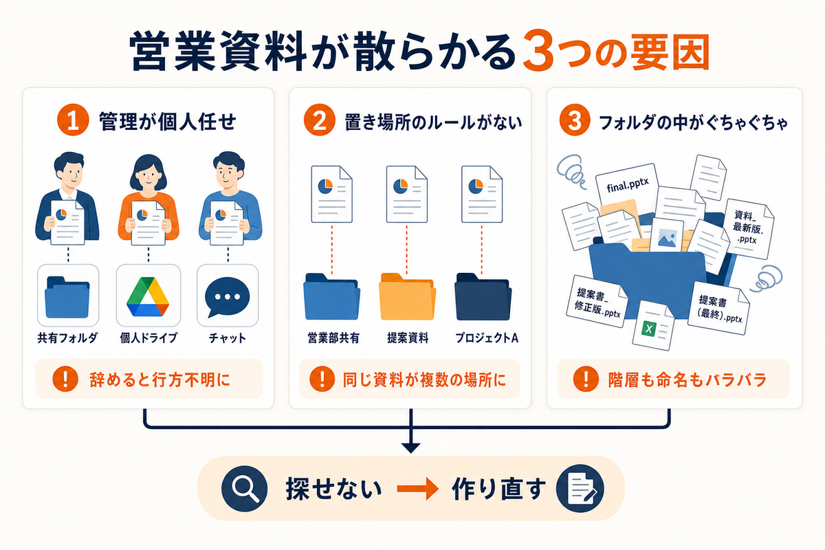 営業資料が散らかる3つの要因（管理が個人任せ・置き場所のルールがない・フォルダの中がぐちゃぐちゃ）の図解