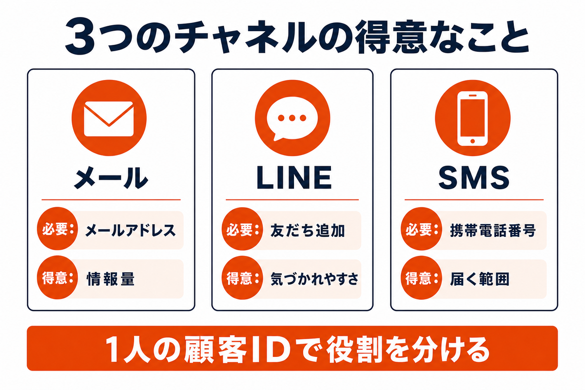 メール・LINE・SMSの3チャネルについて、届けるのに必要な連絡先と得意なことを並べて比較し、1人の顧客IDで役割を分けることを示した図解