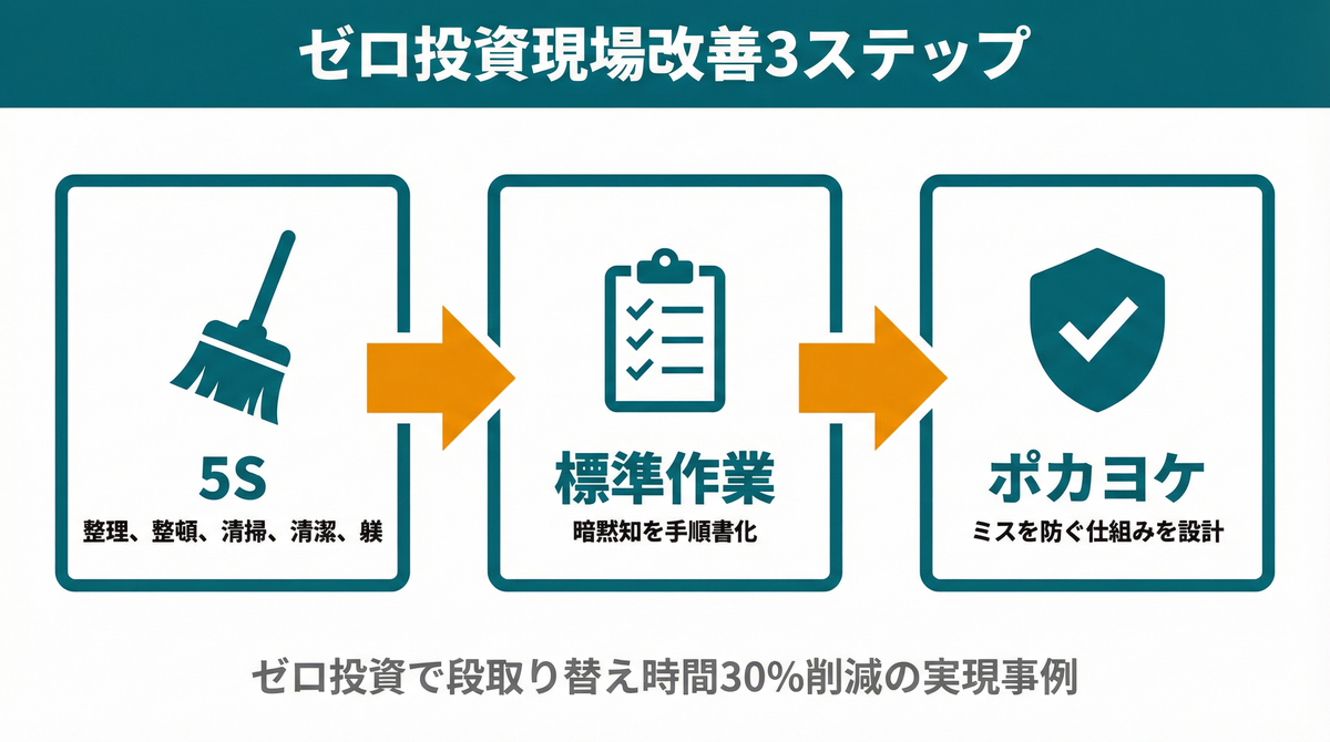 投資ゼロで始める現場改善の3ステップ：5S → 標準作業 → ポカヨケ