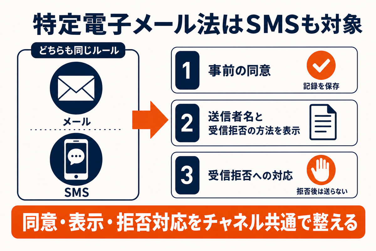 特定電子メール法の事前の同意、送信者名と受信拒否の方法の表示、受信拒否への対応という3つの要件が、メールとSMSの両方に同じようにかかることを示した図解