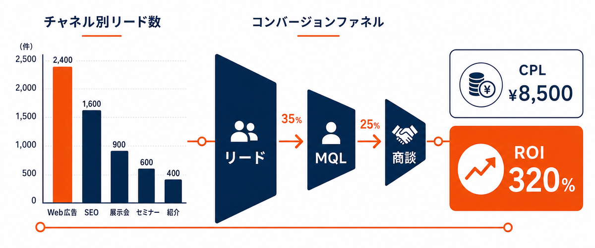 マーケティング責任者ダッシュボードの4指標構成（リード数・MQL転換率・CPL・ROI）