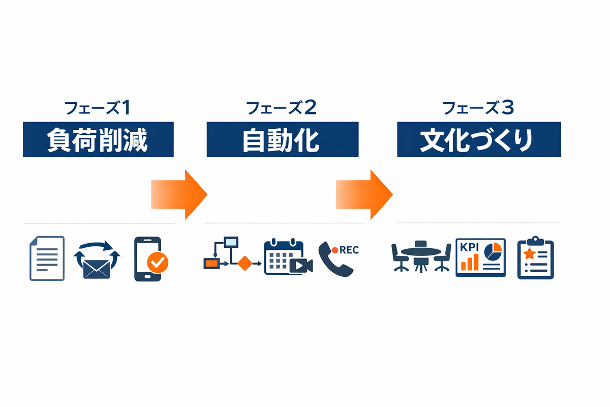 営業がHubSpotに入力してくれない問題の解決策を3フェーズで示した図解