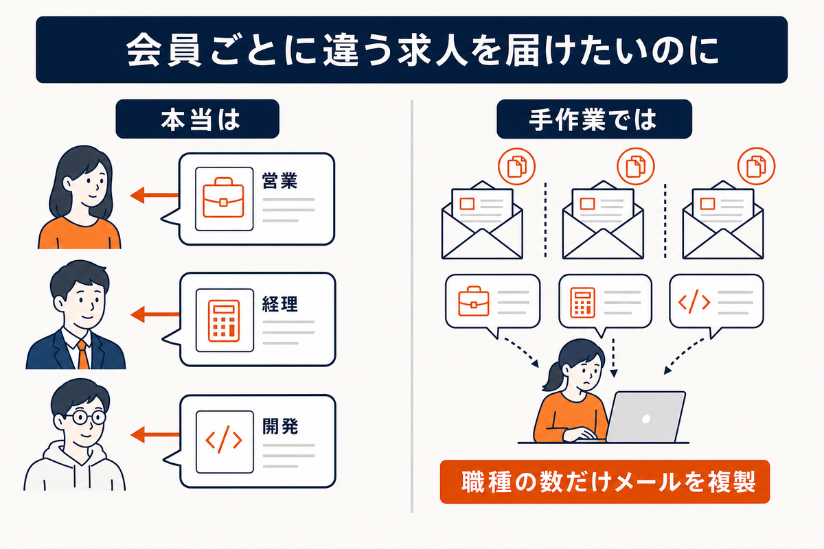会員ごとに違う求人を届けたいのに、手作業では職種の数だけ同じメールを複製して作り分けるしかない状況を左右で対比した図解