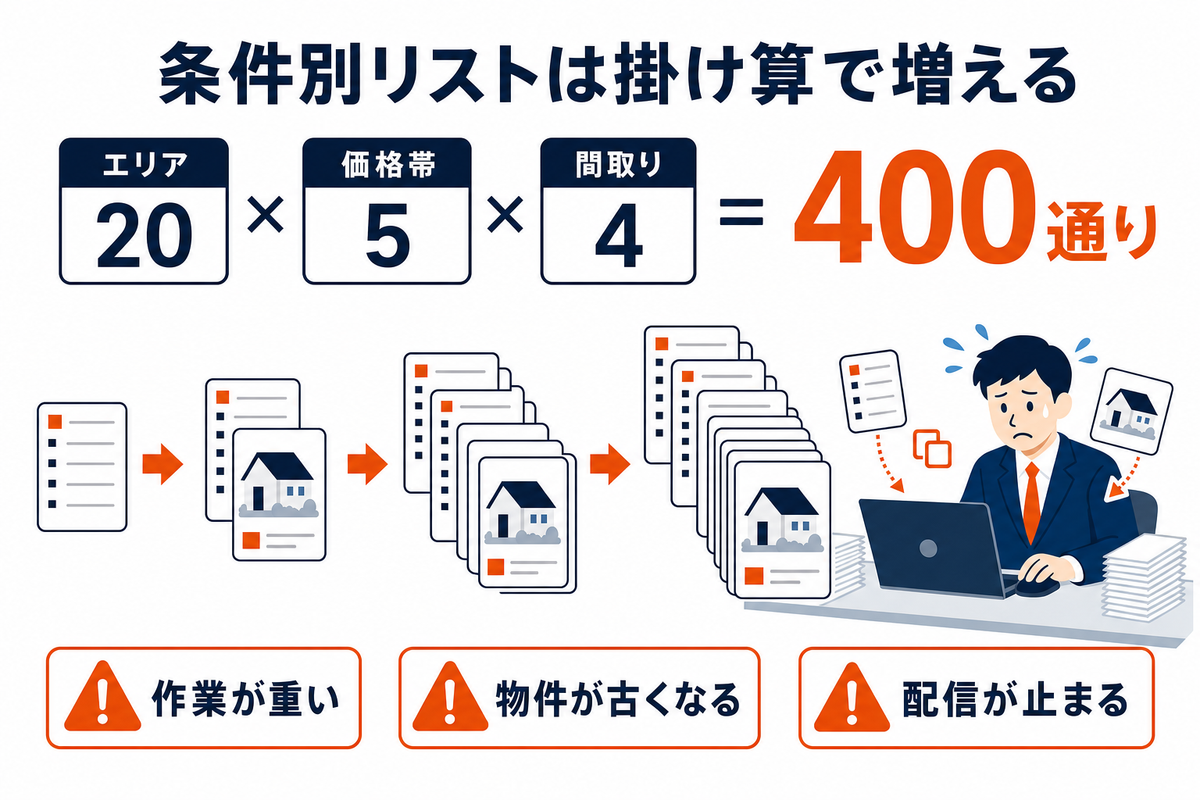 エリアと価格帯と間取りの組み合わせで条件別リストと本文の作り分けが掛け算で増え、手作業の追客メールが行き詰まる様子を示した図解