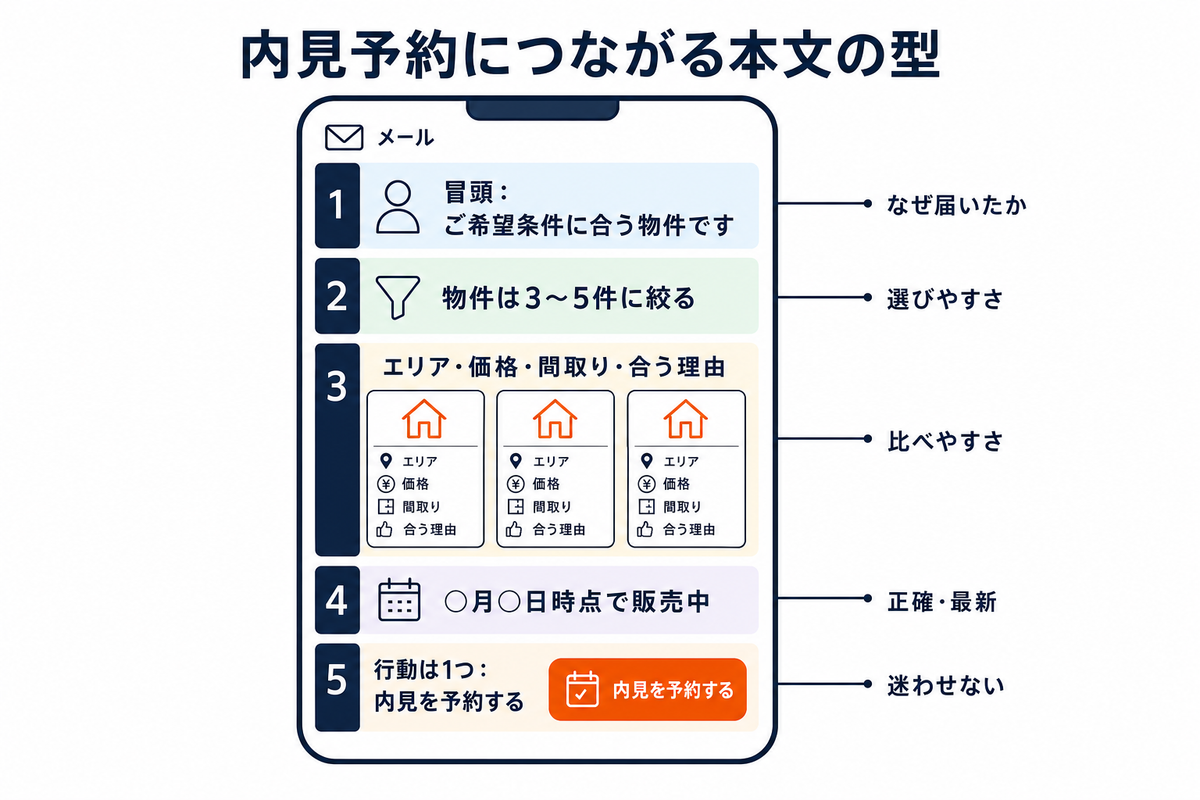 内見予約につながる追客メール本文の型。冒頭で希望条件を示し、物件を数件に絞って合う理由を添え、行動は1つに絞る構成を示した図解