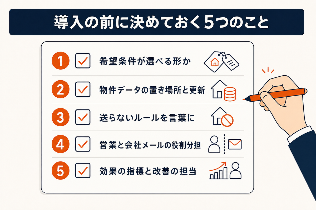 プログラマブルEメール導入前に決めておく5つのこと(希望条件のデータ・物件データの置き場所と更新・送らないルール・営業と会社メールの役割分担・効果の指標と改善の担当)のチェックリスト図