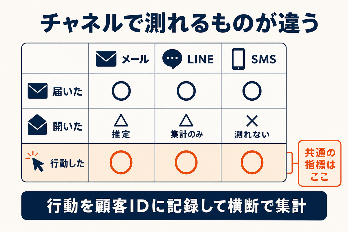 メール・LINE・SMSの3チャネルと届いた・開いた・行動したの3指標のマトリクス。開いたはメールが推定、LINEが集計値のみ、SMSは測れないため、共通の指標を行動したに置くことを示した図解