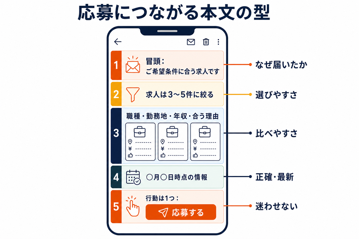 応募につながる求人メール本文の型。冒頭で希望条件を示し、求人を数件に絞って合う理由を添え、行動は1つに絞る構成を示した図解