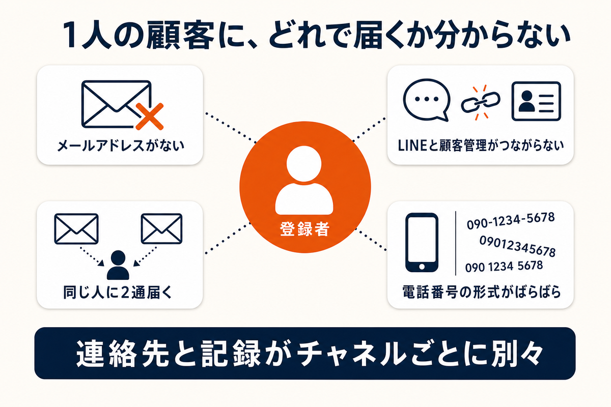 1人の登録者を中心に、メールアドレスがない、LINEと顧客管理がつながらない、同じ人に2通届く、電話番号の形式がばらばら、という4つの穴を示し、連絡先と記録がチャネルごとに別々であることを表した図解
