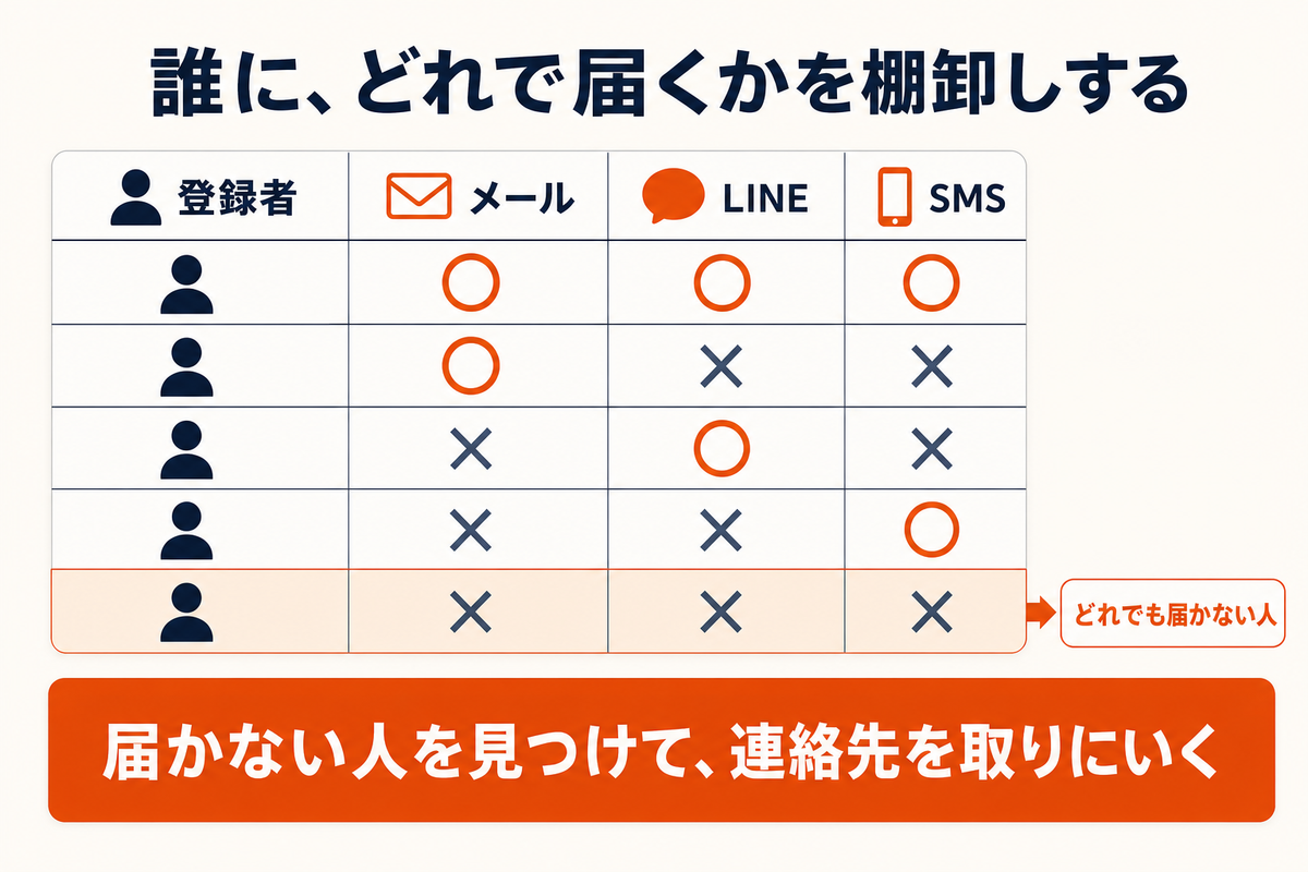 登録者の一覧に対してメール・LINE・SMSの3列で届く・届かないを○×で見る棚卸し表のイメージ。どれでも届かない人を見つけて連絡先を取りにいくことを示した図解